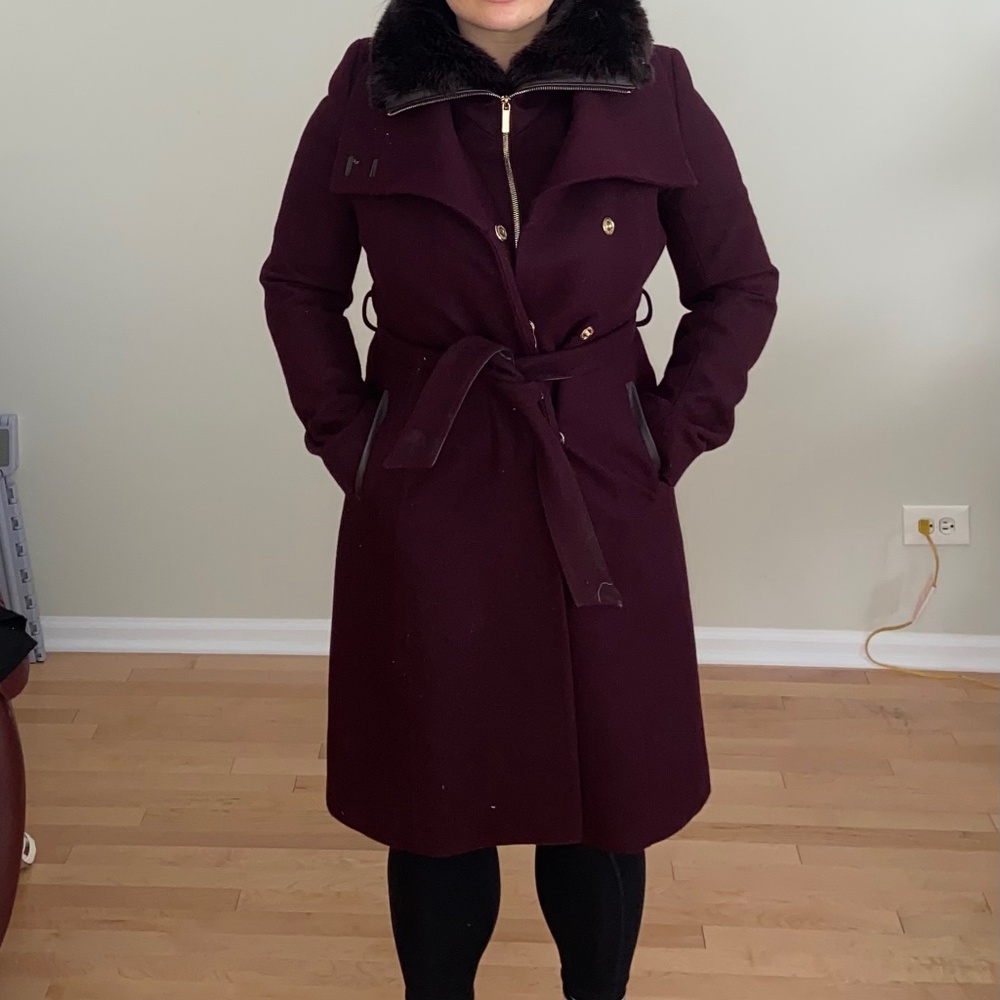 French Connection Wool-Blend Burgundy Coat with Faux Fur